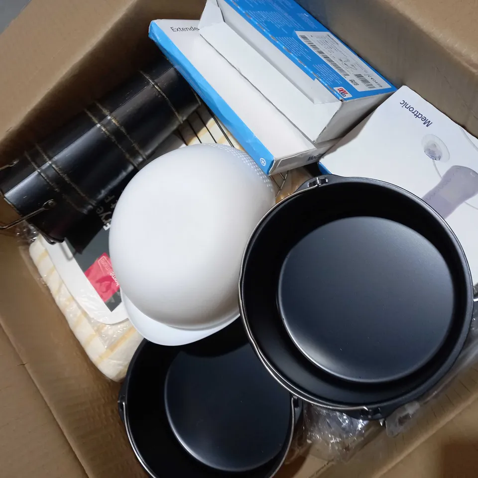 BOX OF APPROXIMATELY 10 ITEMS TO INCLUDE MEDICAL ITEMS, METAL POTS, AIR FRYER PARCHMENT PAPER ETC