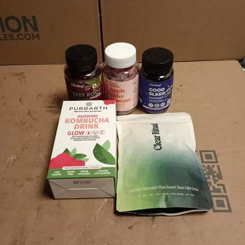 TOTE OF APPROXIMATELY 20 ASSORTED HEALTH/VITAMIN RELATED ITEMS TO INCLUDE CLEAR RITUAL, PUREARTH KOMBUCHA DRINK, GOOD SLEEP GUMMIES, APPLE CIDER VINEGAR GUMMIES, BEET ROOT GUMMIES ETC