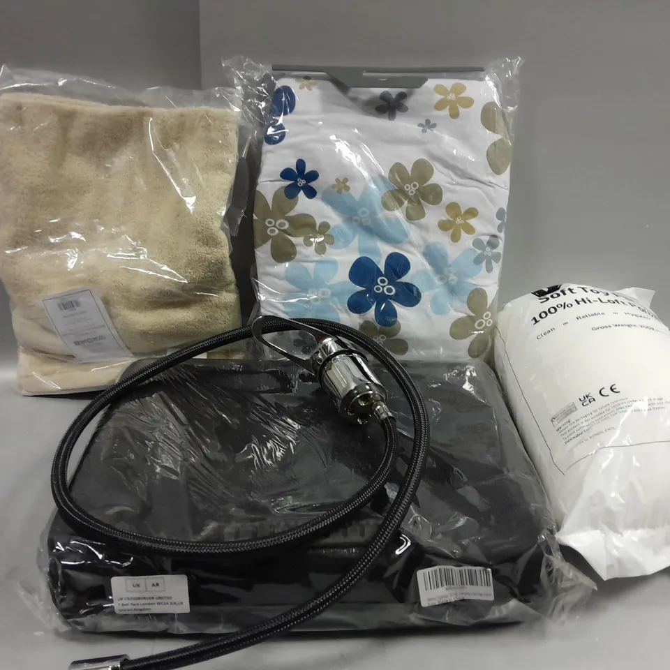 APROXIMATELY 8 ASSORTED HOUSEHOLD ITEMS TO INCLUDE SOFT TOY FILLING 100% HI-LOFT POLYESTER, BATTERY ORGANIZER STORAGE CARRYING CASE, HAND TOWEL IN BEIGE, ETC