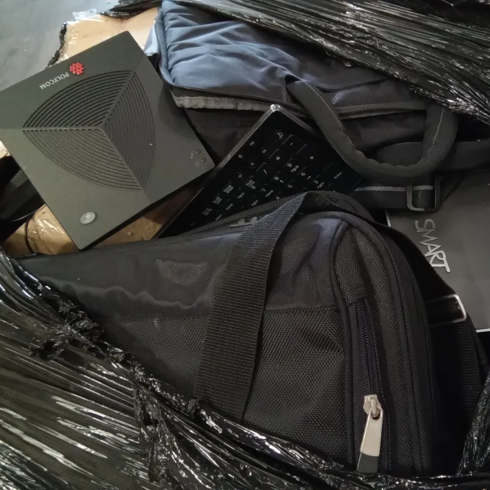 PALLET OF ASSORTED ITEMS INCLUDING POLYCOM, LAPTOP BAGS, SAMSUNG KEYBOARD, DYNAMIC LOOP AMPLIFIER SYSTEM