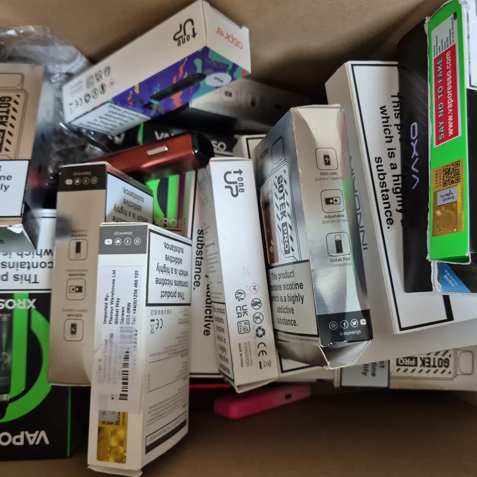 BOX OF APPROXIMATELY 20 ASSORTED VAPING ITEMS AND PRODUCTS TO INCLUDE VAPORESSO, ASPIRE, ETC