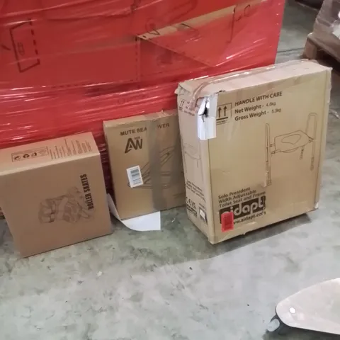 PALLET OF ASSORTED HOUSEHOLD GOODS AND PRODUCTS TO INCLUDE;TOILET SEAT AND FRAME,ROLLER SKATES,TOILET SEAT COVER 