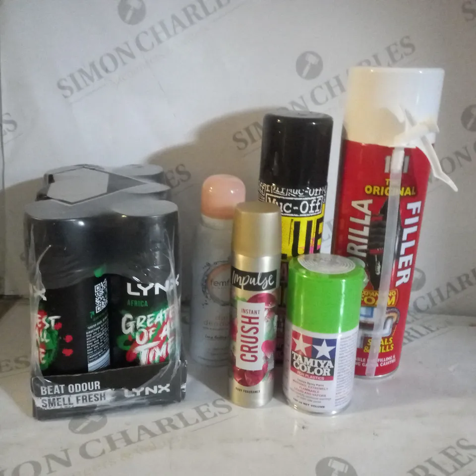 BOX OF APPROX 20 ASSORTED AEROSOLS INCLUDING LYNX AFRICA, GORILLA FILLER EXPANDING FOAM AND MUC-OFF GLUE SEALANT REMOVER - COLLECTION ONLY