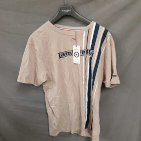 LAMBRETTA T-SHIRT - BEIGE WITH NAVY STRIPES AND 'A WAY OF LIFE' LOGO - SIZE 2X LARGE