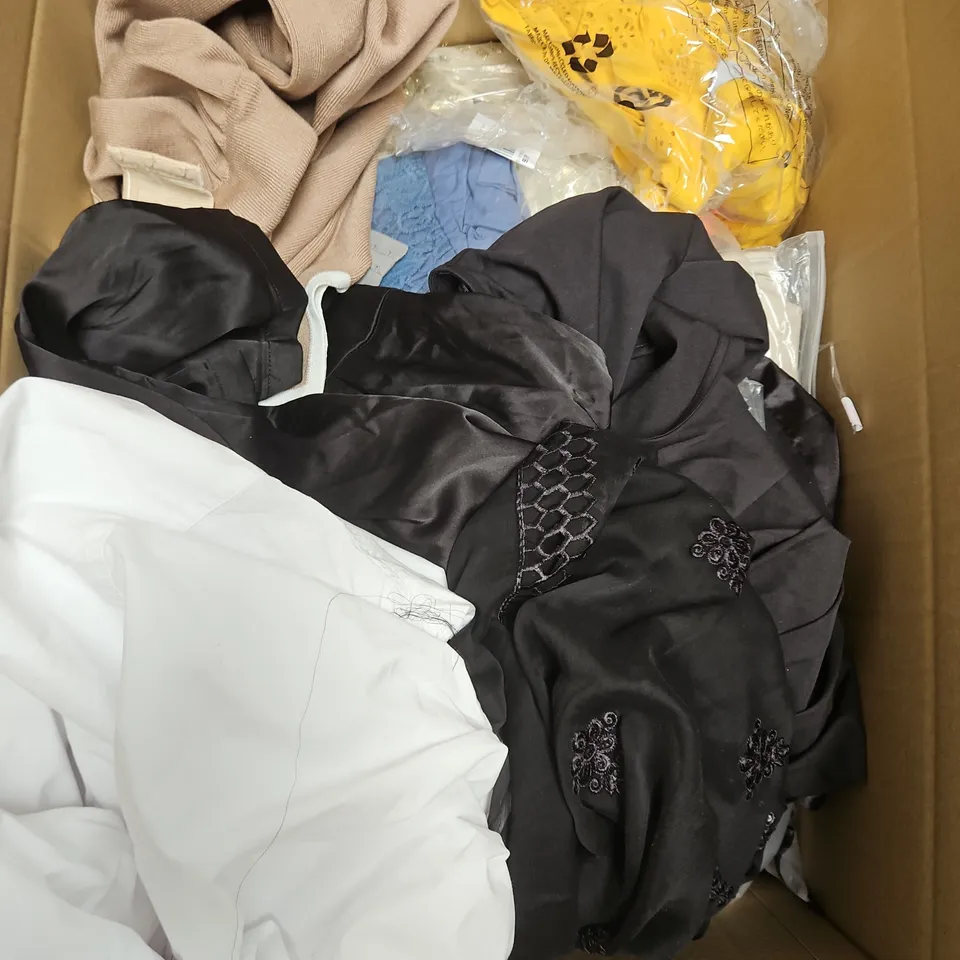 BOX OF APPROXIMATELY 20 ASSORTED CLOTHING ITEMS TO INCLUDE BAG, SHORTS, DRESS, ETC