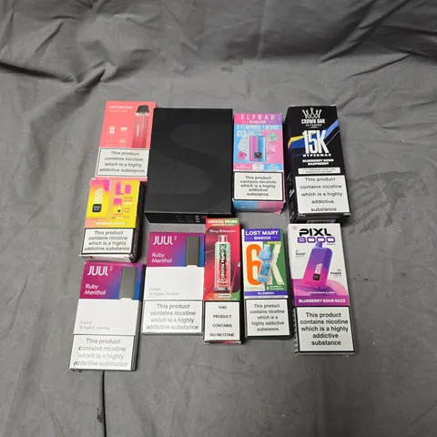 TOTE OF APPROXIMATEY 20 ASSORTED E-CIGARETTES AND ACCESSORIES TO INCLUDE - LOST MARY - PIXL - JUUL - ETC
