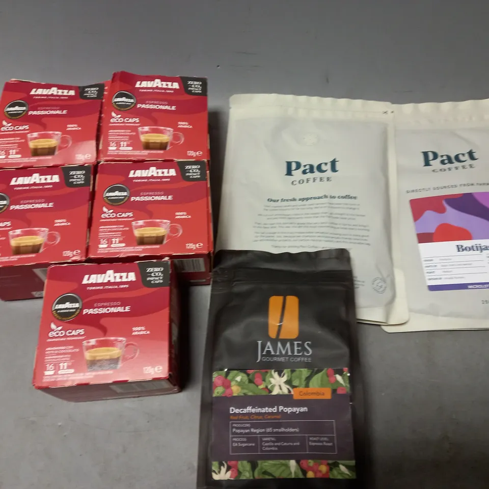 LOT OF APPROXMATELY 6 ITEMS TO INCLUDE  - LAVAZZA ESPRESSO PASSIONABLE, JAMES GOURMET DECAFFEINATED POPAYAN, AND PACT COFFEE BOTIJAS ETC. 