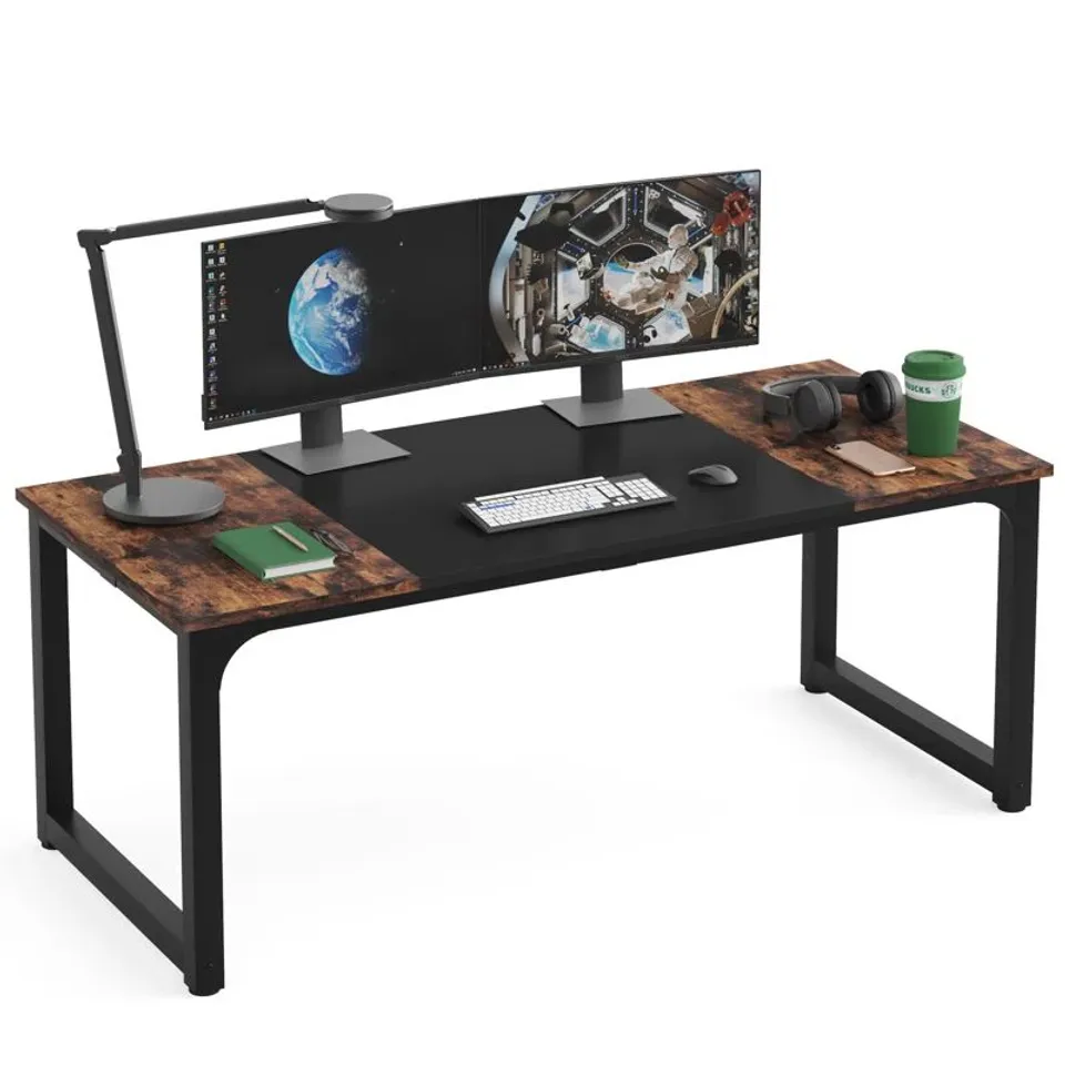 BOXED YOANN 160CM /180CM X 80 CM OFFICE DESK, WOOD TOP METAL BASE COMPUTER DESK - BROWN/BLACK (1 BOX)