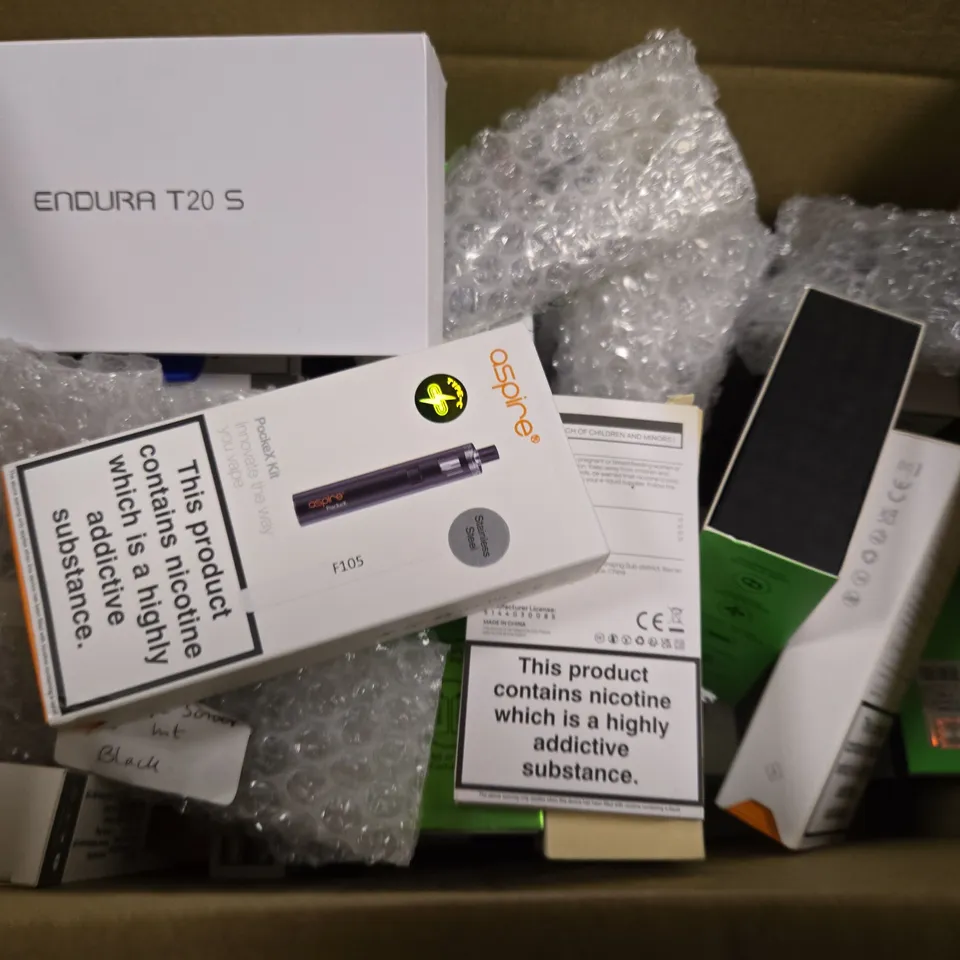 BOX OF APPROXIMATELY 15 ASSORTED E-CIGARETTES TO INCLUDE - VOOPOO , ASPIRE 