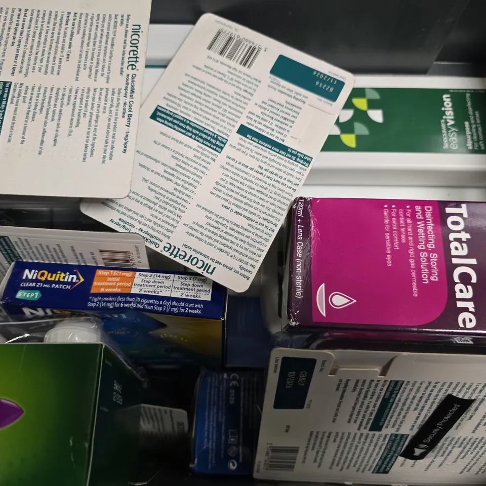 APPROXIMATELY 18 ASSORTED VISION CARE ITEMS & NICOTINE TO INCLUDE - NICORETTE QUICKMIST , NICORETTE INHALATOR , BIO TRUE MULTI PURPOSE SOLUTION ETC