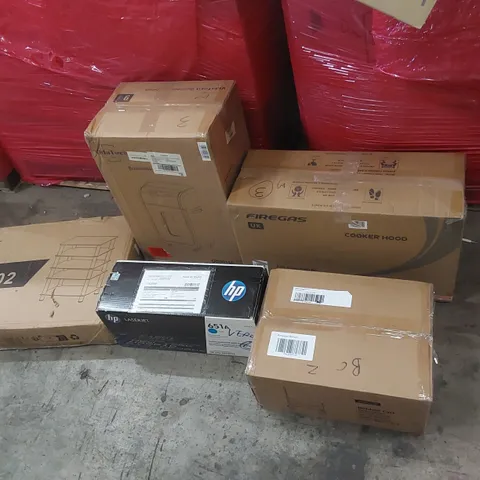 PALLET OF ASSORTED ITEMS TO INCLUDE: PAPER SHREDDER, COOKER HOOD, HP LASERJET CARTRIDGE, OUTDOOR CART, PRAM ECT