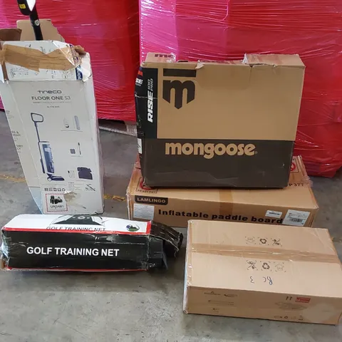 PALLET OF ASSORTED CONSUMER PRODUCTS TO INCLUDE; CORDLESS VACUUM CLEANER, GOLF TRAINING NET, LED CEILING FAN, MONGOOSE SCOOTER, INFLATABLE PADDLE BOARD ECT