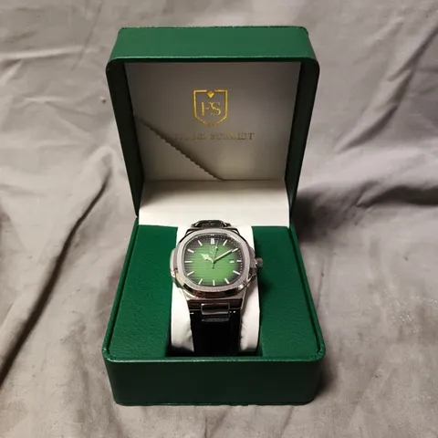 MENS FRANK SCHMIDT WATCH – TEXTURED DIAL WITH DATE – LEATHER STRAP- MODEL: FSL AMBASSADOR – 3ATM WATER RESISTANT - GREEN