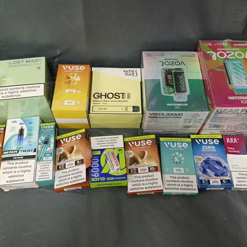 APPROXIMATELY 10 ASSORTED E-CIGERATTE PRODUCTS TO INCLUDE MAD EYES, LOST MARY, AND VUSE ETC. 