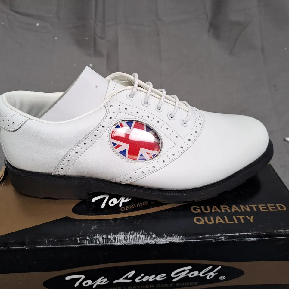BOX OF APPROXIMATLY 8 WHITE AND WHITE TOP LINE GOLF SHOES IN VARIOUS SIZE 