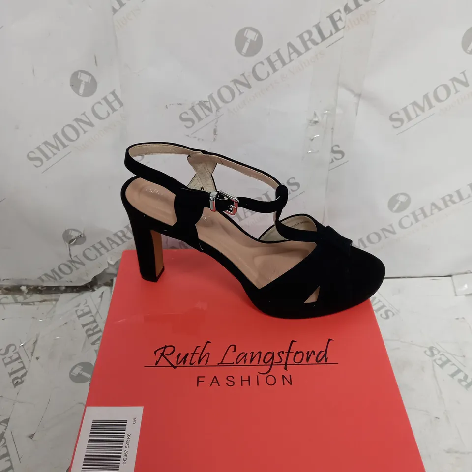BOXED PAIR OF RUTH LANGSFORD HEELED SANDALS BLACK SUEDE SIZE 6