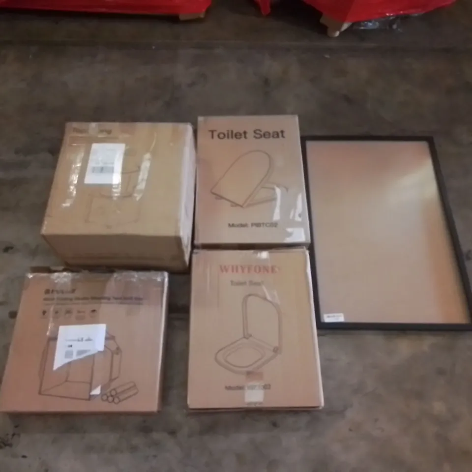 PALLET CONTAINING ASSORTED HOUSEHOLD & HOME IMPROVEMENT PRODUCTS. INCLUDES TOILET SEATS, FOOD PROCESSOR, STUDIO SHOOTING TENT ETC
