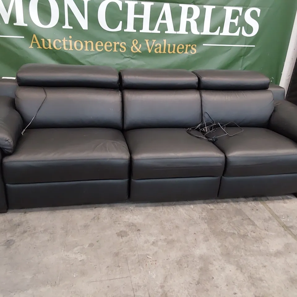 QUALITY ITALIAN DESIGNER MAESTRALE POWER RECLINING THREE SEATER SOFA WITH ADJUSTABLE HEADRESTS BLACK LEATHER 