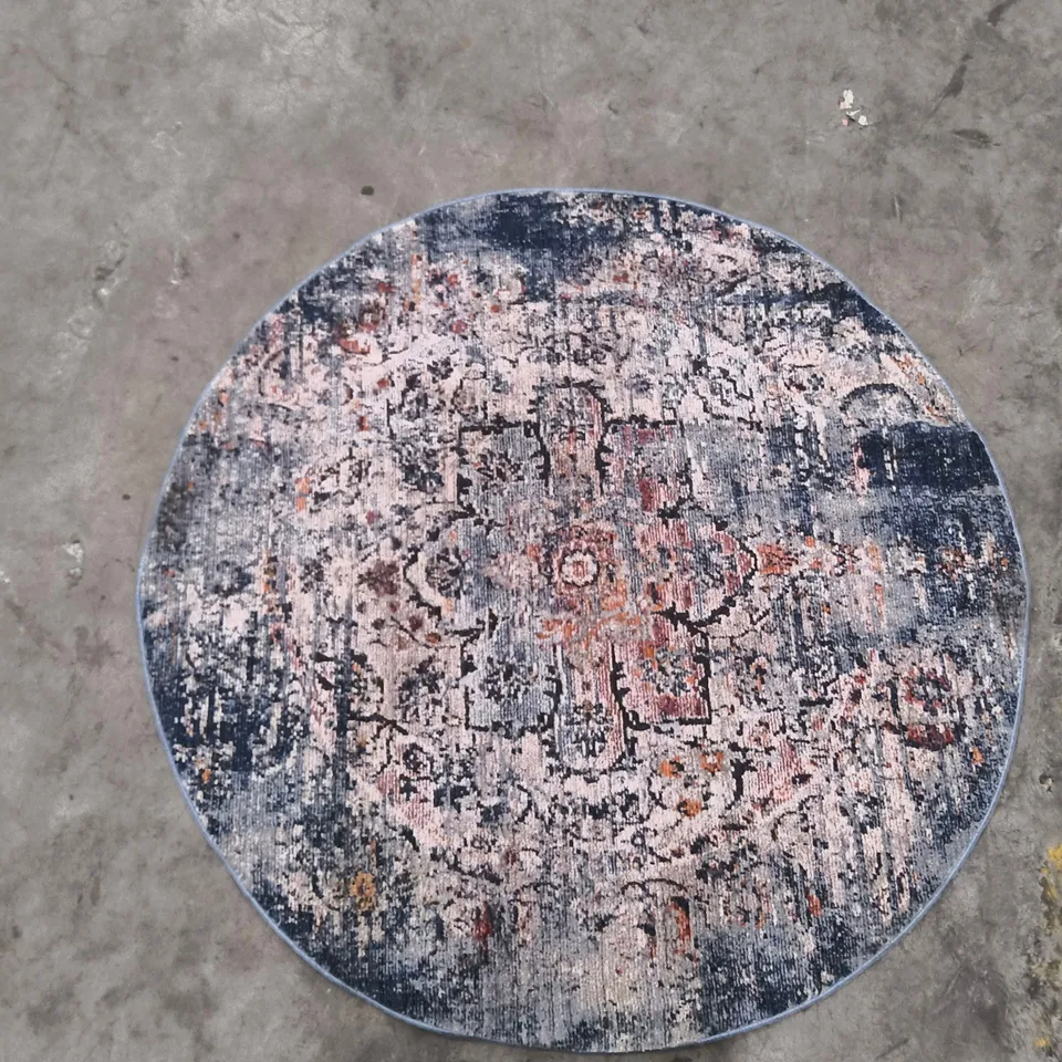 Round Oriental Rug with Distressed Pattern – circular navy, cream and pink tones (130x130cm)