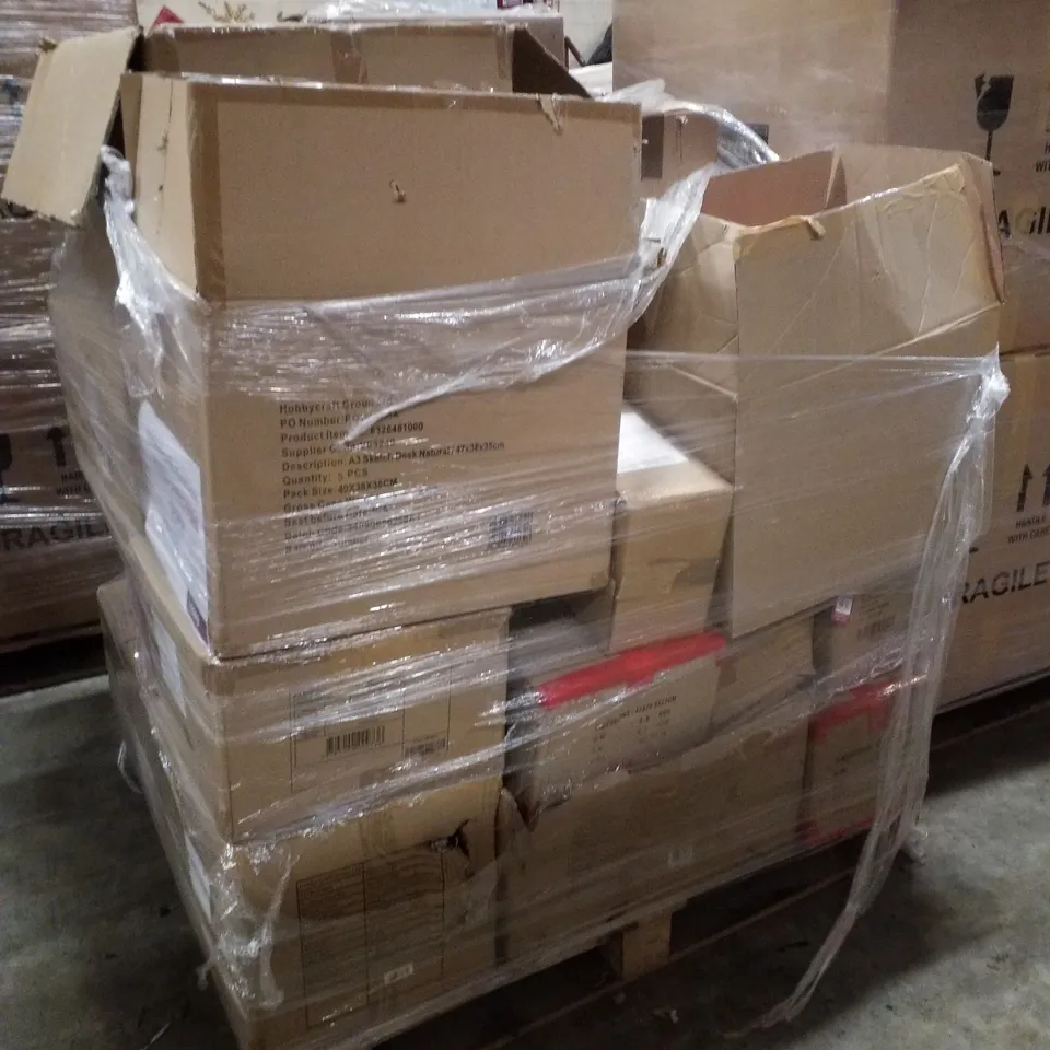 PALLET CONTAINING ASSORTED CHRISTMAS  DECORATIONS INCLUDING LARGE CERAMIC LED LANTERNS, PILLAR CANDLES, 3D WOODEN STARS, SILICONE MOULDS, WIRE EDGE RIBBON & MACHE DECORATIONS