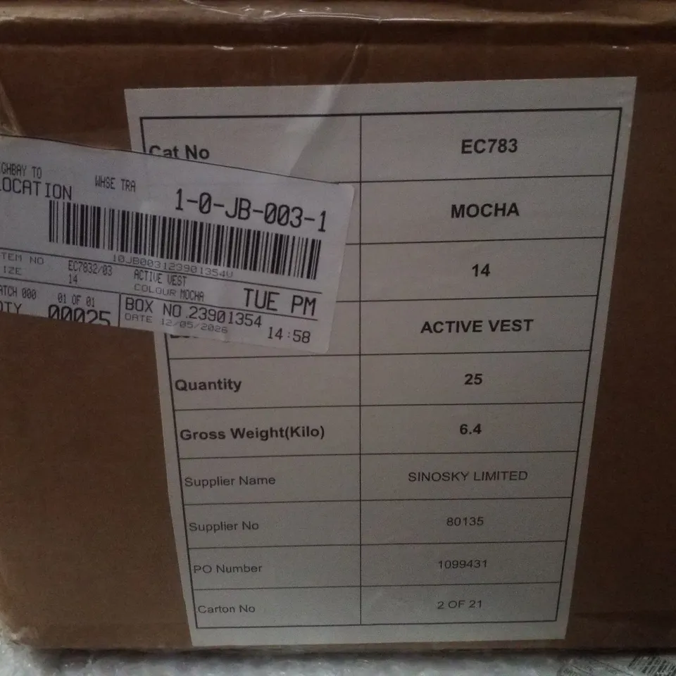 BOX CONTAINING APPROXIMATELY 25 BRAND NEW SIMPLY BE MOCHA ACTIVE VESTS - SIZE 14