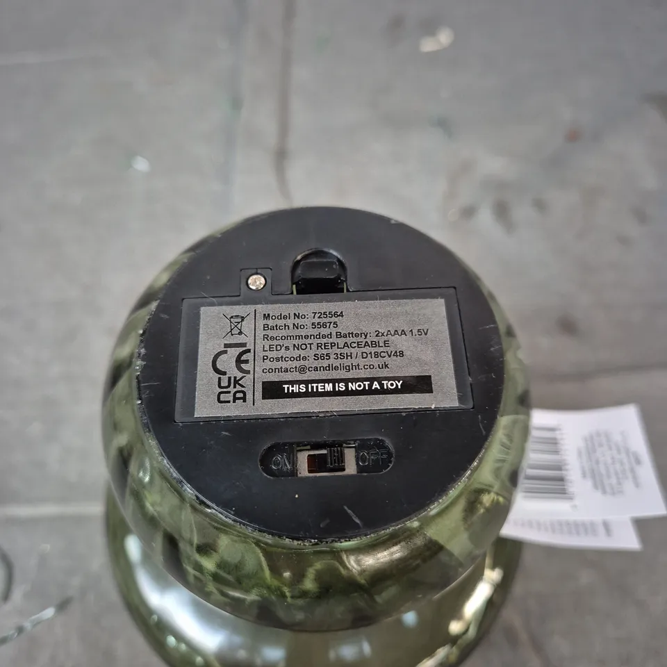 MUSHROOM TABLE LAMP – OLIVE GREEN GLASS, LED, BATTERY POWERED