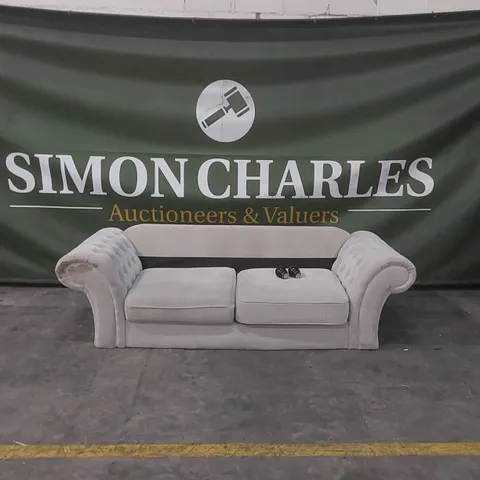 QUALITY DESIGNER FABRIC UPHOLSTERED CHESTERFIELD SOFA - MISSING CUSHIONS