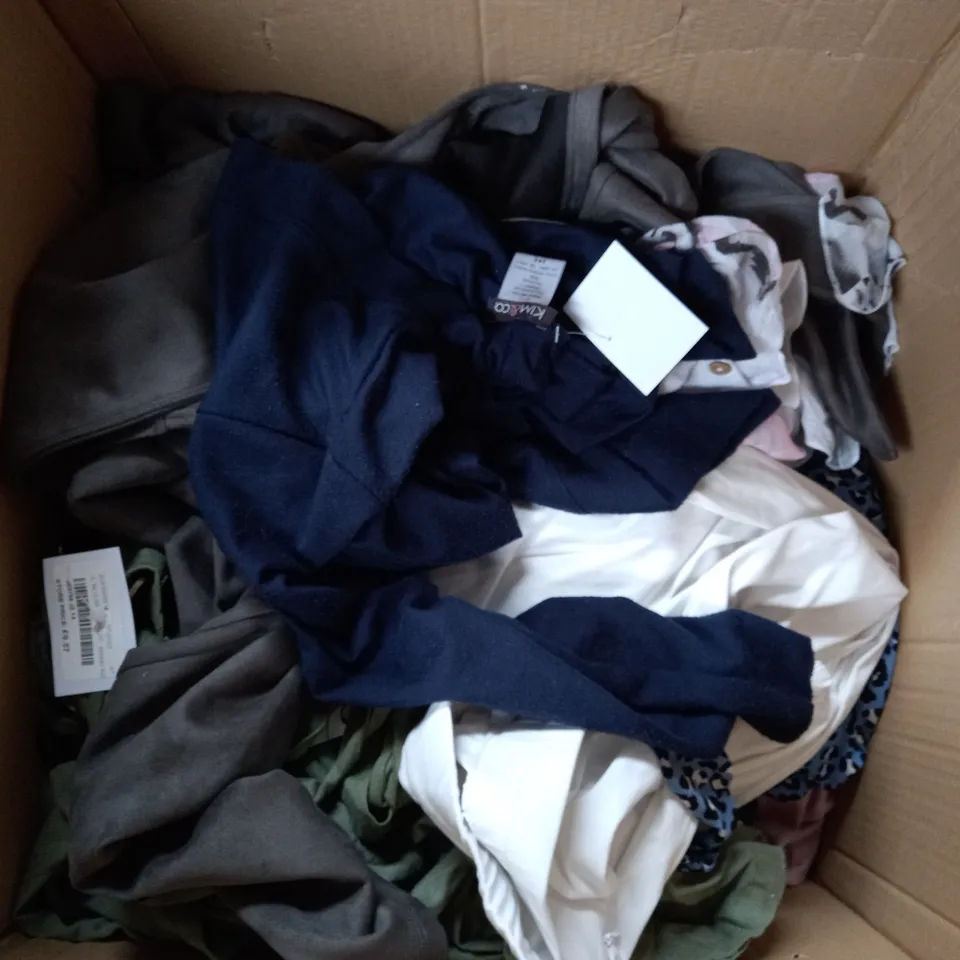BOX OF APPROX 10 ASSORTED CLOTHING ITEMS INCLUDING TOPS, SHOES AND TROUSERS IN VARIOUS SIZES AND STYLES