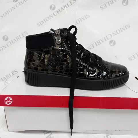 RIEKER TRAINER BOOT SIDE ZIP BLACK PATENT MULTI COLOURED - SIZE UK 6