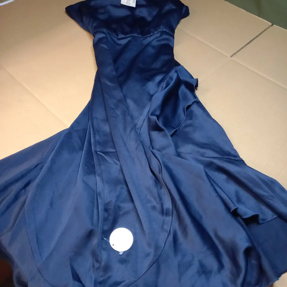 STYLE CHEAT NAVY SATIN HALTER NECK RUFFLE MIDI DRESS - SIZE 10