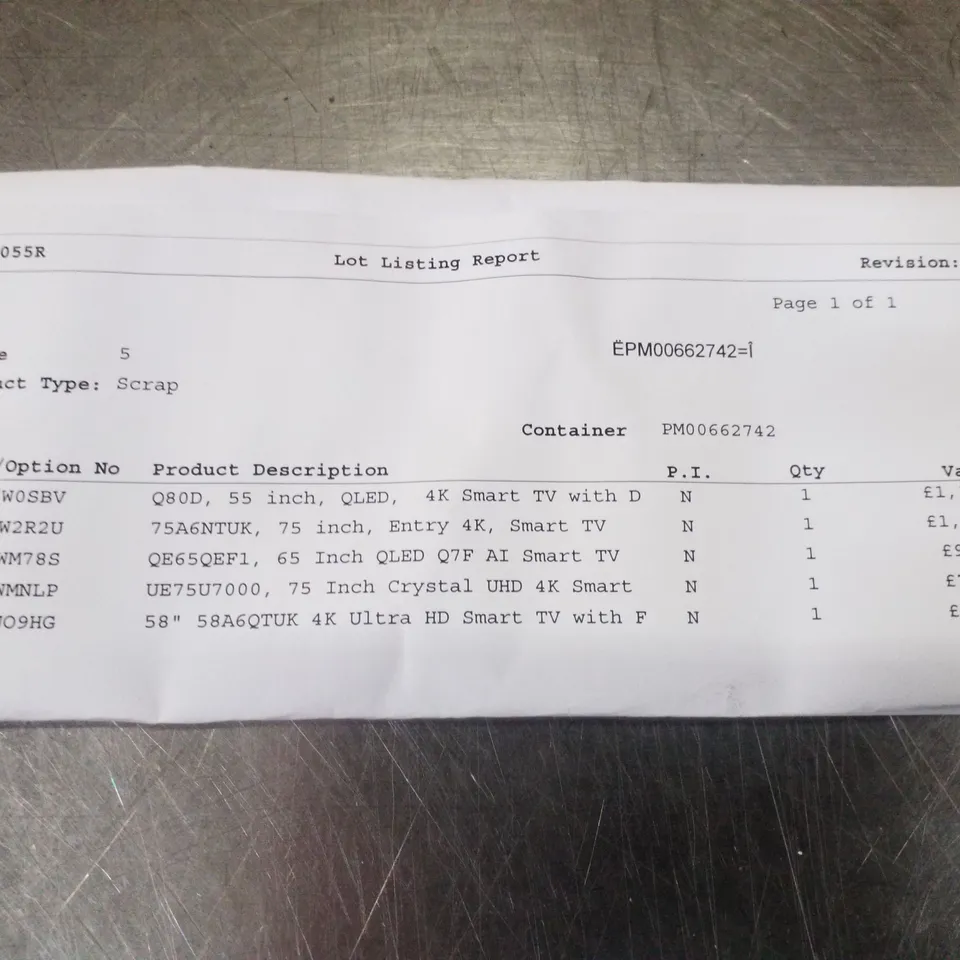 PALLET OF 5 ASSORTED DAMAGED TVS INCLUDING