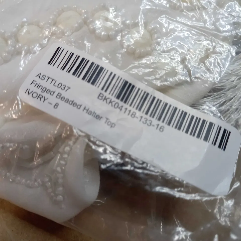 PACKAGED KAREN MILLEN IVORY BEADED HALTER TOP - SIZE 8