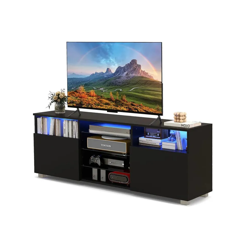 BOXED COSTWAY CONSOLE TV STAND FOR TVS UP TO 65 INCHES WITH LED LIGHTS AND 2 DOORS - BLACK