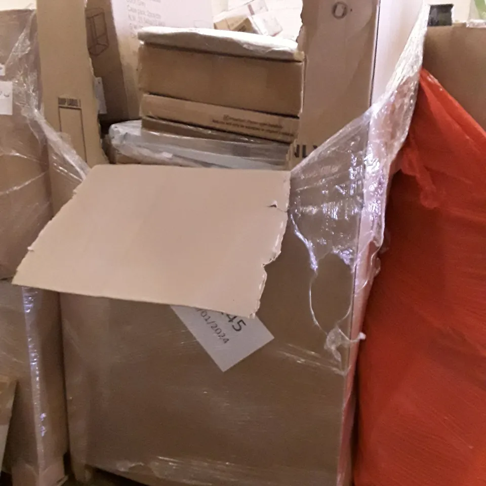 PALLET OF ASSORTED PRODUCTS INCLUDING MDF FRAME BLACK BOARD, FABIAN CLARKE PHOTO FRAME, WHITE CHRISTMAS TREE, STORAGE CHEST, BARSTOOL