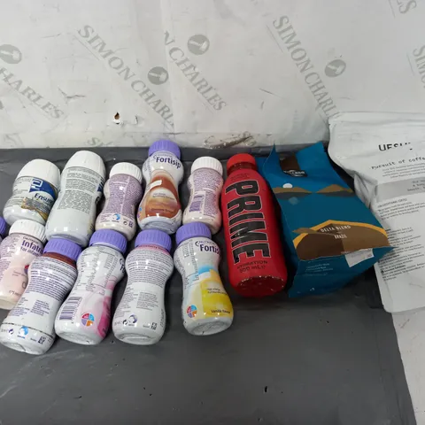 APPROXIMATELY 8 ASSORTED FOOD ITEMS TO INCLUDE - PRIME TROPICAL PUNCH, FORTISIP, AND VOLCANO DELTA BLEND BRAZIL 200G ETC.