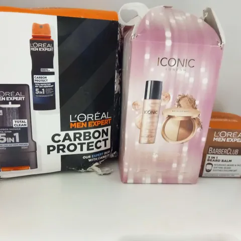 THREE ASSORTED PRODUCTS TO INCLUDE; ICONIC WATCH ME GLOW, L'OREAL CARBON PROTECT AND L'OREAL BARBER CLUB 3 IN 1 BEARD BALM
