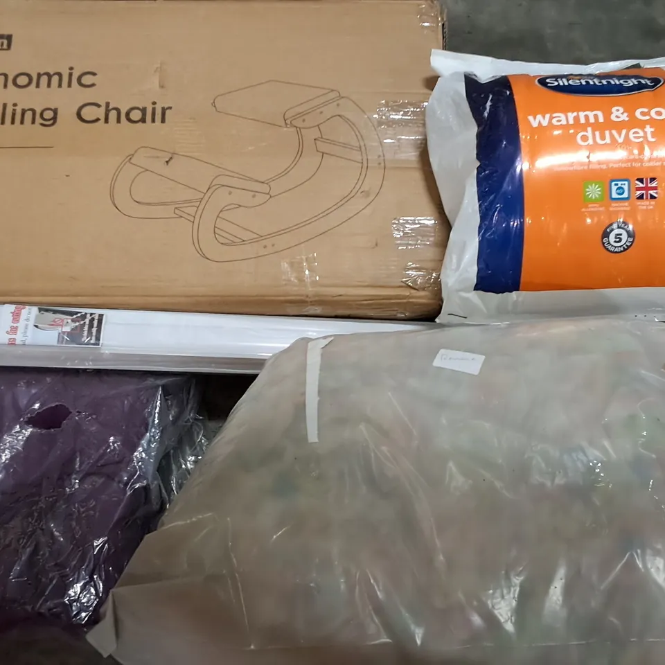 PALLET OF ASSORTED HOUSEHOLD ITEMS TO INCLUDE ERGONOMIC KNEELING CHAIRS, SILENTNIGHT DUVET AND HOME FABRIC