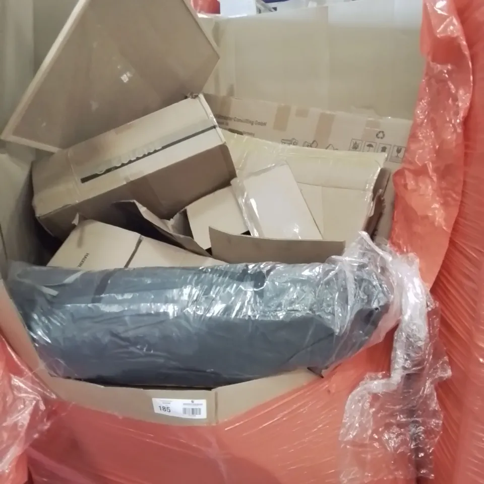 PALLET OF ASSORTED ITEMS TO INCLUDE, LA SCOOTA, OVERMONT CAST IRON PAN, PIN BOARD, CHILDS ACTIVITY CENTRE, INFLATABLE AIR BED, FOLDING STORAGE CRATES.