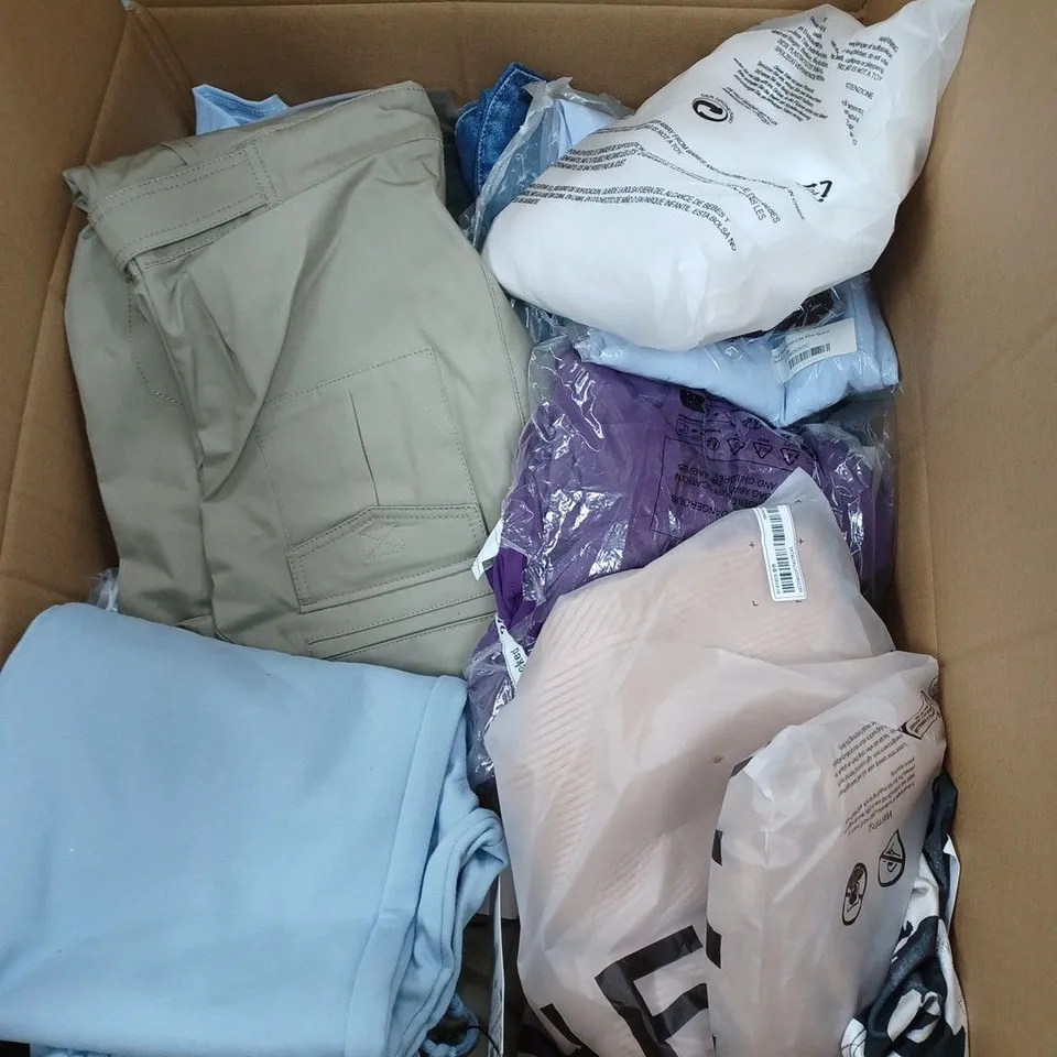LARGE BOX OF ASSORTED CLOTHING ITEMS IN VARIOUS COLOURS AND SIZES INCLUDING TROUSERS , TOPS AND JUMPERS 