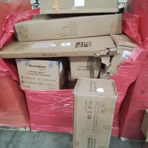 PALLET CONTAINING VARIOUS ASSORTED BOXED HOUSEHOLD ITEMS TO INCLUDE: CHRISTMAS TREE, GAZEBO, VARIABLE SPEED WET SHARPENER AND LOTS MORE UNMARKED BOXED ITEMS 