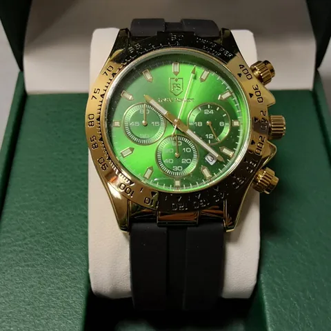 FRANK SCHMIDT STAINLESS STEEL GREEN FACED CHRONOGRAPH WATCH WITH BLACK RUBBER STRAP