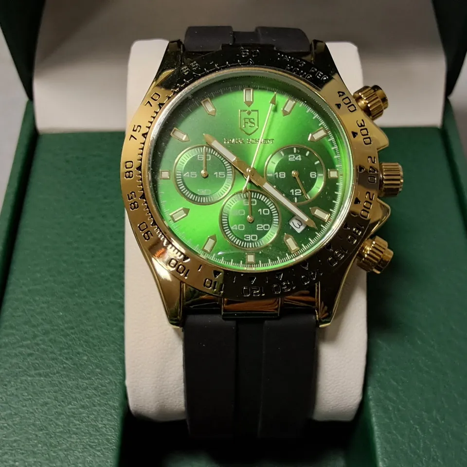 FRANK SCHMIDT STAINLESS STEEL GREEN FACED CHRONOGRAPH WATCH WITH BLACK RUBBER STRAP