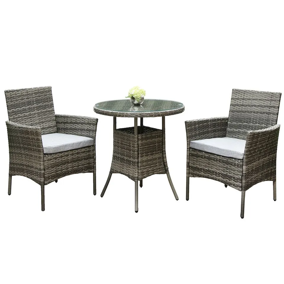 BOXED VIRGINIA DELUXE 2 SEATER ROUND RATTAN BISTRO SET - GREY (1 BOX)