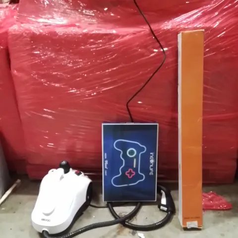 PALLET OF ASSORTED HOUSEHOLD GOODS AND PRODUCTS TO INCLUDE;RETRACTABLE SAFETY GATE,LED PLAYSTATION CONTROLLER SIGN,STEAM CLEANER