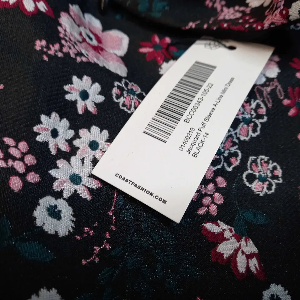 COAST BLACK JACQUARD PUFF SLEEVE A-LINE MINI DRESS - SIZE 14