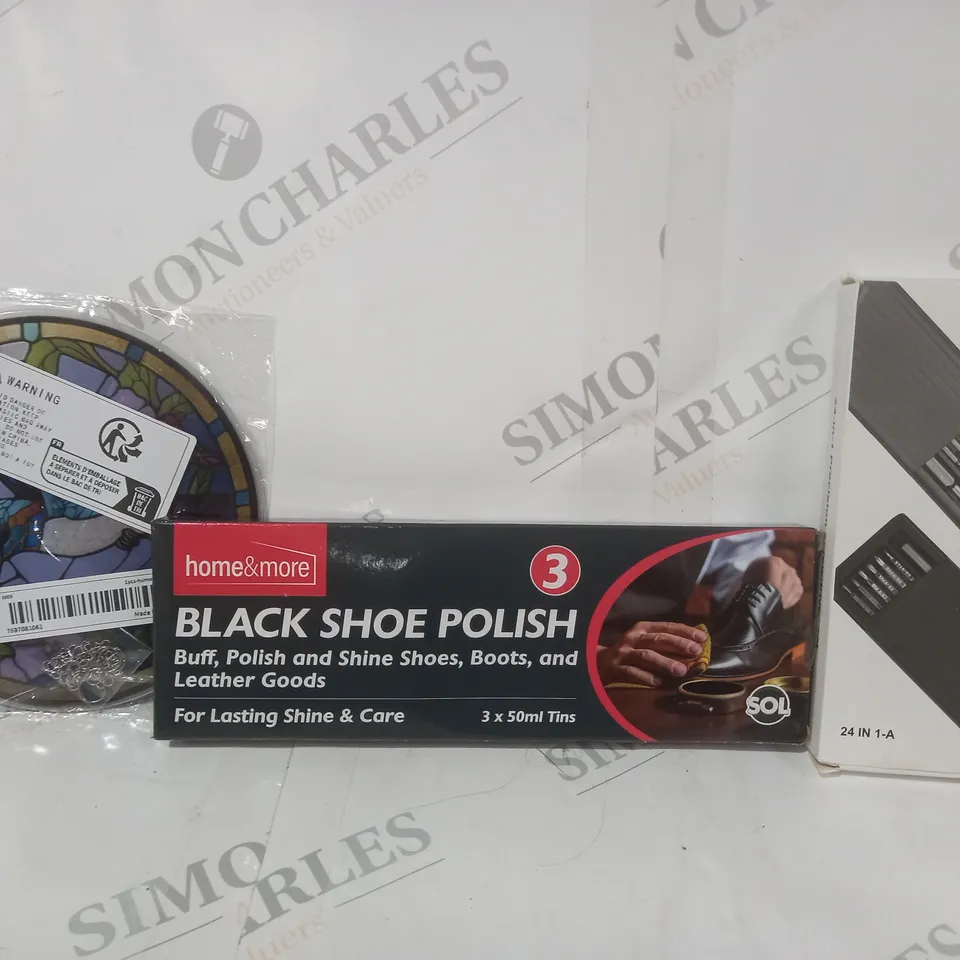 APPROXIMATELY 15 ASSORTED HOUSEHOLD ITEMS TO INCLUDE BLACK SHOE POLISH, 24-IN-1 PRECISION SCREWDRIVER SET, ETC
