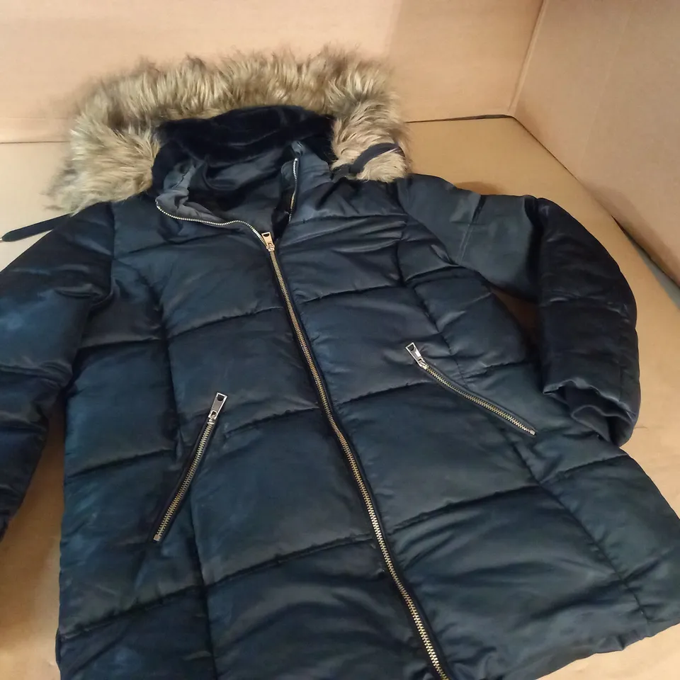 F&F PADDED BLACK HOODED COAT - UK 14