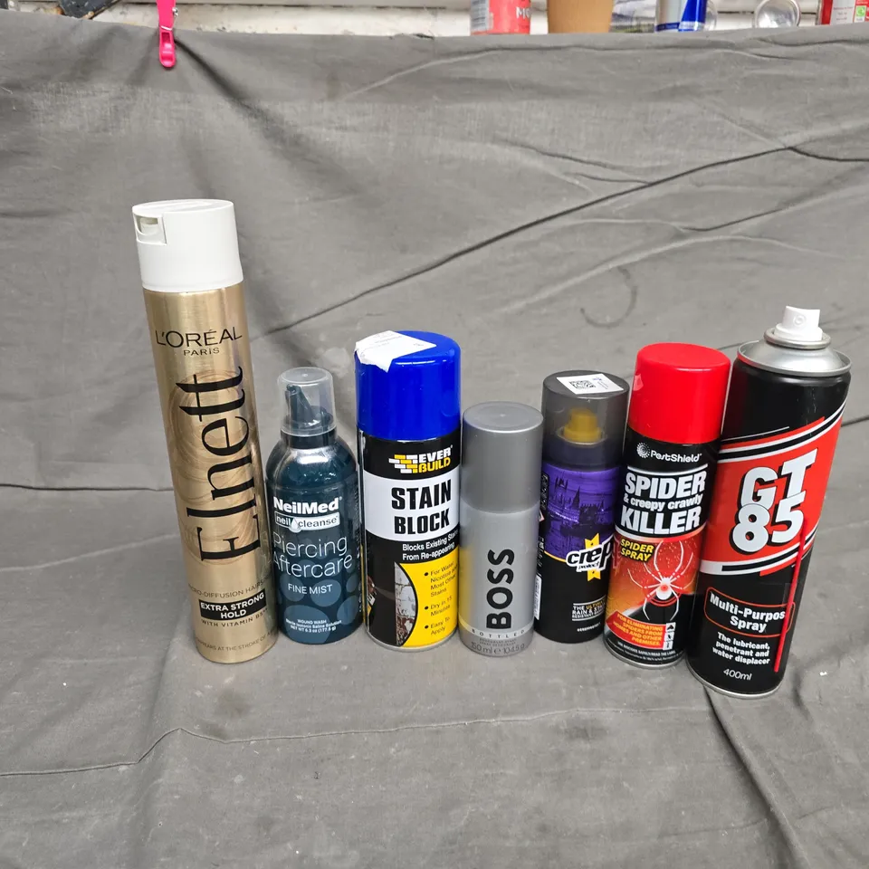 APPROXIMATELY 14 ASSORTED AEROSOLS TO INCLUDE GT 85 MULTIPURPOSE SPRAY, BOSS BOTLE SPRAY, LOREAL PARIS ELNTT EXTRA STRONG HOLD, ETC - COLLECTION ONLY