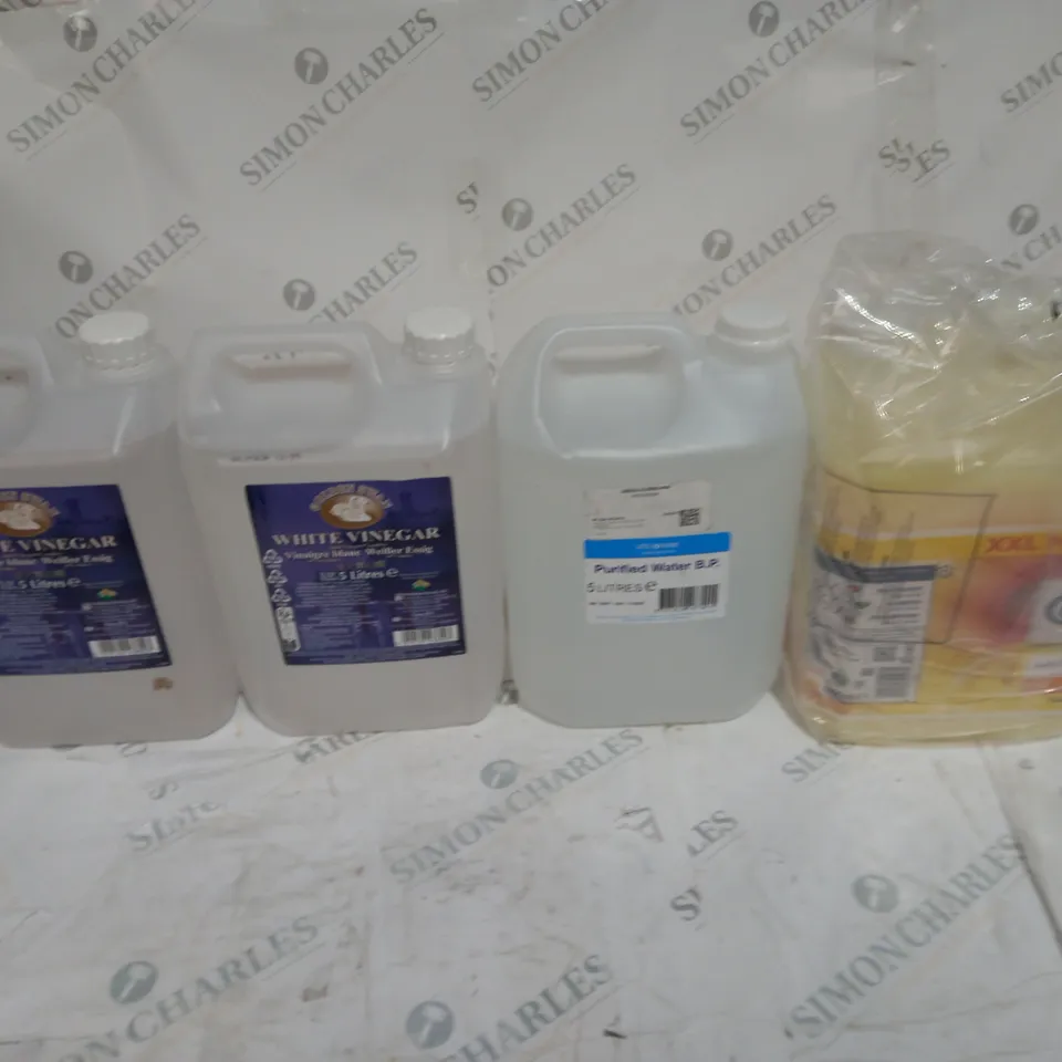 4 ASSORTED LIQUID ITEMS TO INCLUDE WHITE VINEGAR, PURIFIED WATER, FABRIC CONDITIONER 