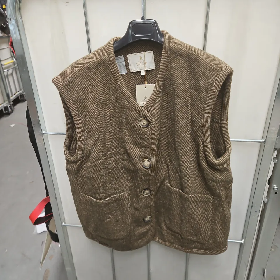 HOUSE OF BRUAR TWEED WOOL WAISTCOAT – MEN'S, SIZE L, BROWN HERRINGBONE